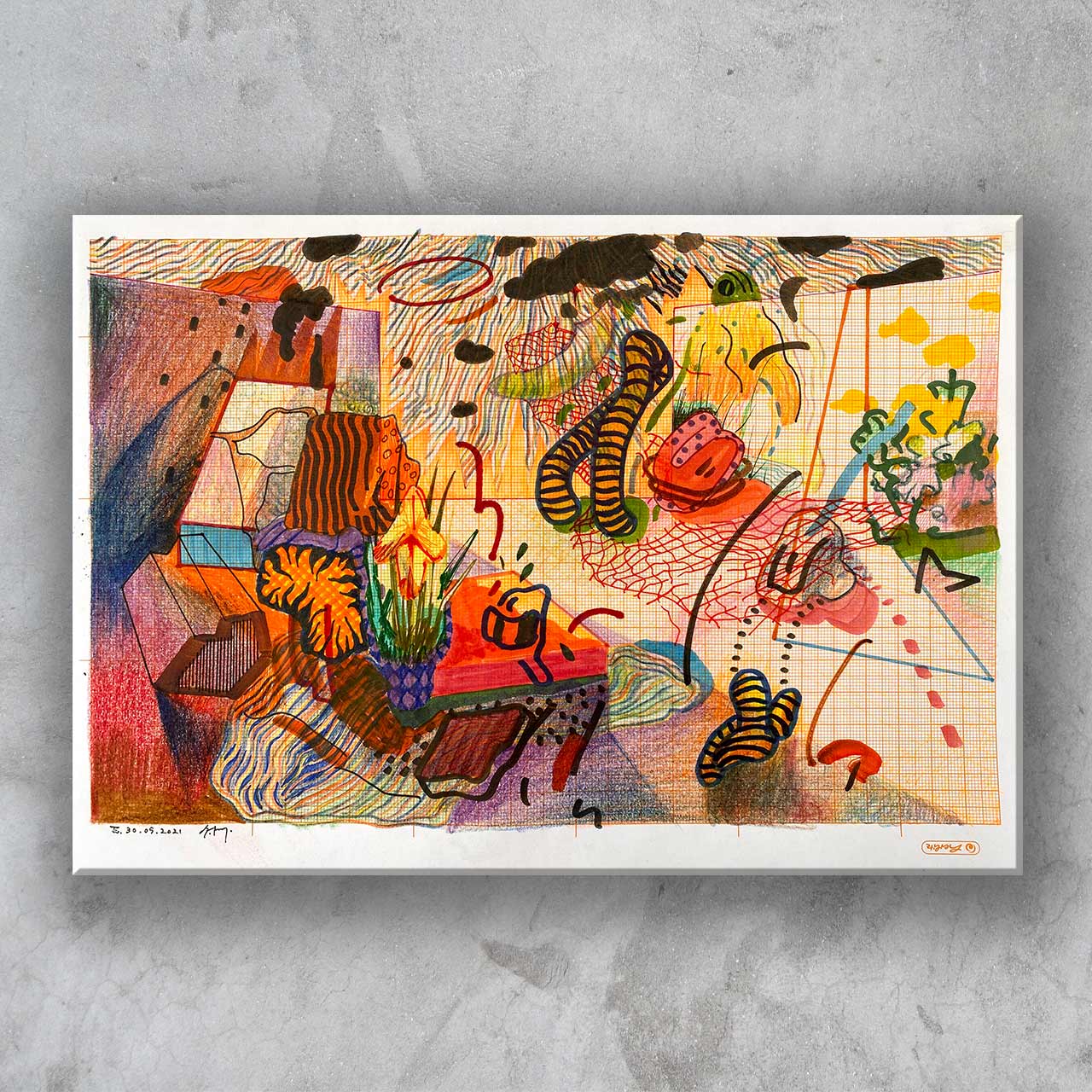 <strong>Dimension:</strong> 21 x 29,7 cm <strong>Framed dim.:</strong> 32,5 x 41,5 cm <strong>Technique: </strong>colored pencils and markers <strong>Edition:</strong> unique <strong>Status:</strong> available